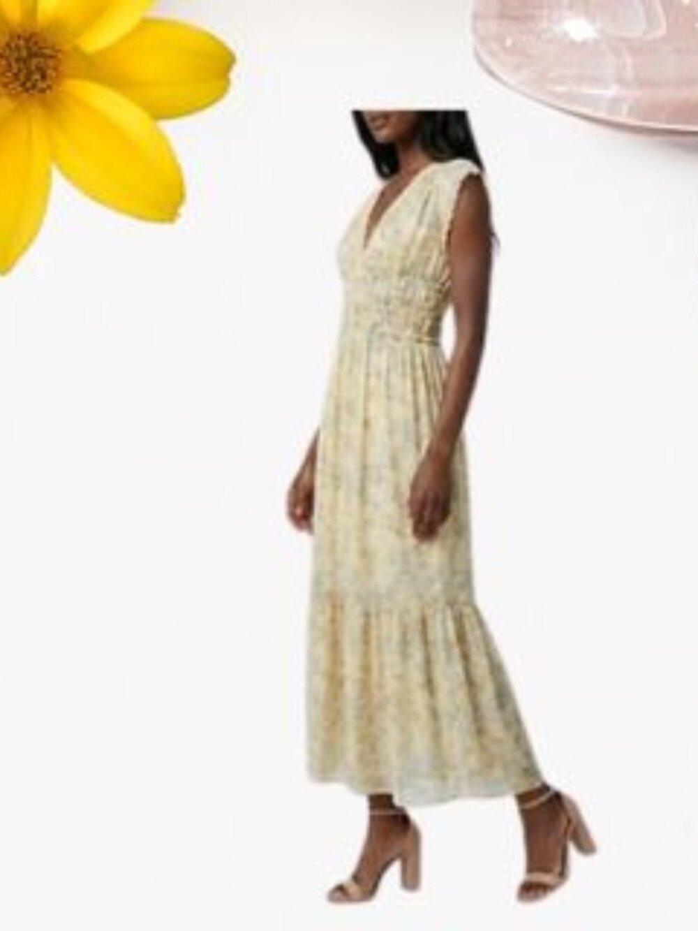 Taylor Floral Maxi Dress Large Yellow Green Sleeveless Tiered Flowy Summer Boho